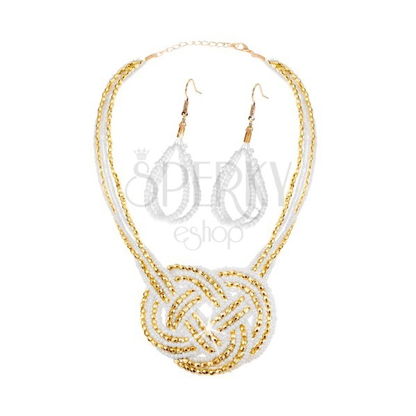 Sada - náušnice a náhrdelník, korálky - zlatá a biela farba, pletený ornament
