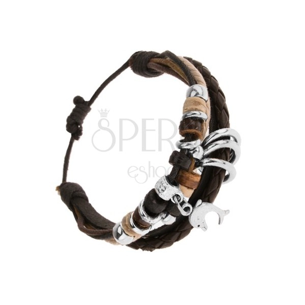 Multináramok - čierny kožený pás a šnúrky, oceľové a drevené korálky, delfín