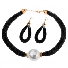 Trblietavá sada - náhrdelník a náušnice, čierna sieťka s kryštálikmi, biela korálka
