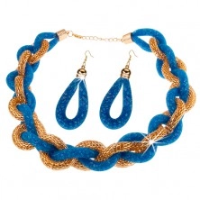 Set - náhrdelník a náušnice, hrubá pletená reťaz, modrá sieťka s korálkami