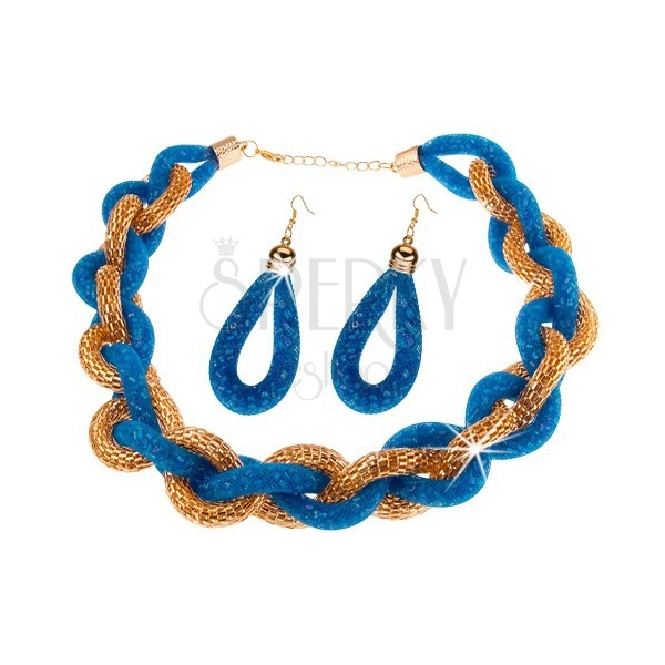 Set - náhrdelník a náušnice, hrubá pletená reťaz, modrá sieťka s korálkami