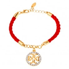 Náramok, červená šnúrka, ornament v zlatej farbe, číre zirkóny, karabínka
