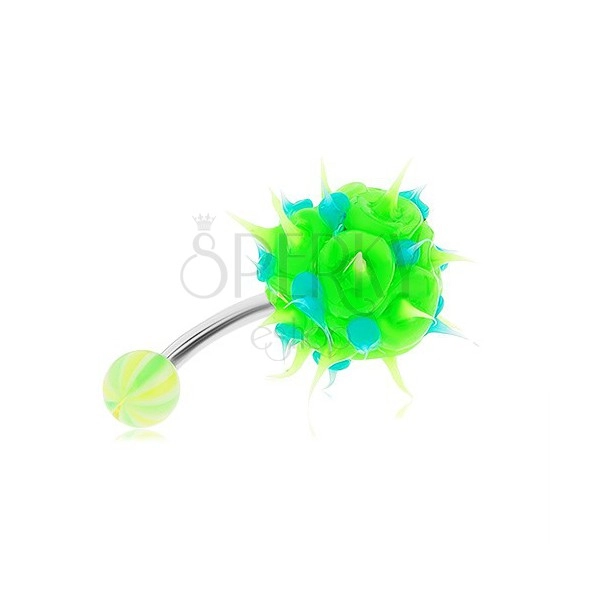 Oceľový piercing do brucha, zeleno-modrý silikónový ježko