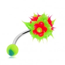 Oceľový piercing do pupka, zelená strapatá gulička zo silikónu, ružové kvety
