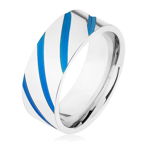 Oceľová obrúčka striebornej farby, diagonálne pásy, modrá glazúra - Veľkosť: 65 mm