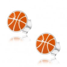 Strieborné náušnice 925, basketbalová lopta s oranžovou glazúrou, puzetky