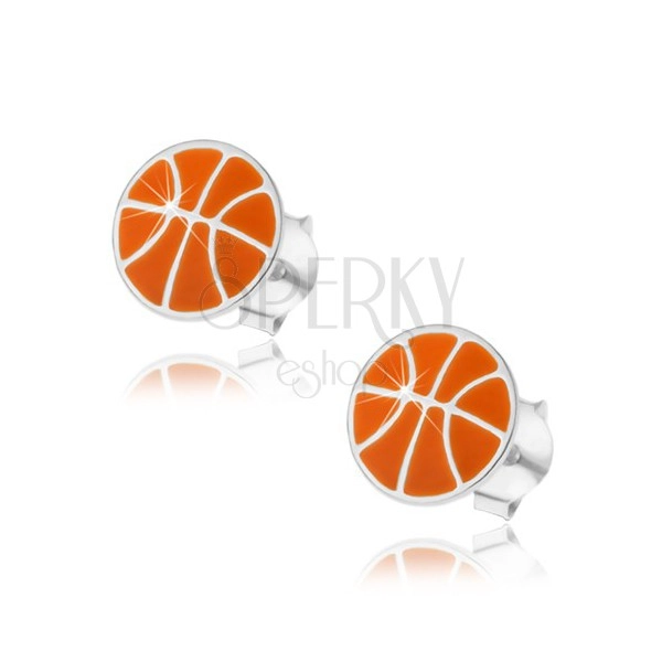 Strieborné náušnice 925, basketbalová lopta s oranžovou glazúrou, puzetky
