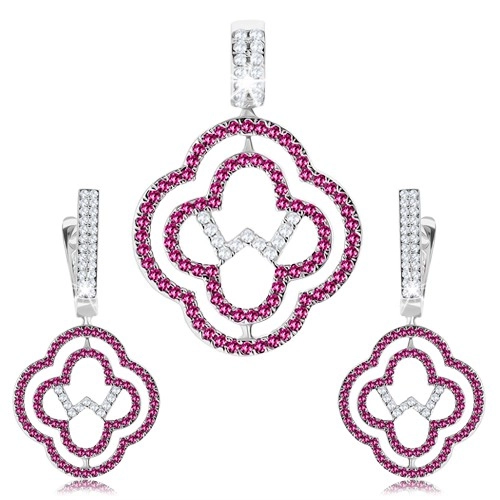 E-shop Šperky Eshop - Set náušníc a prívesku, striebro 925, obrysy kvetov, číre a ružové zirkóny SP94.01