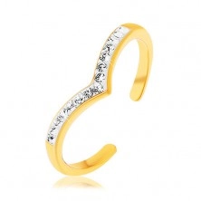 Strieborný prsteň 925 zlatej farby, špicatá línia s bielou glazúrou, číre zirkóny