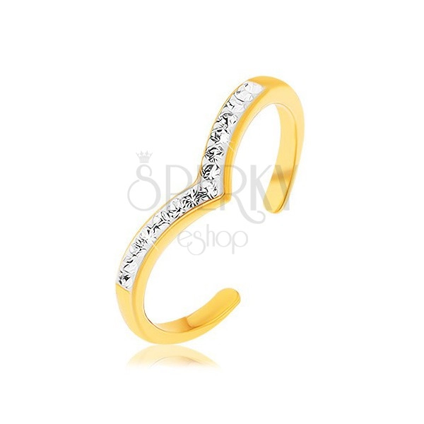 Strieborný prsteň 925 zlatej farby, špicatá línia s bielou glazúrou, číre zirkóny