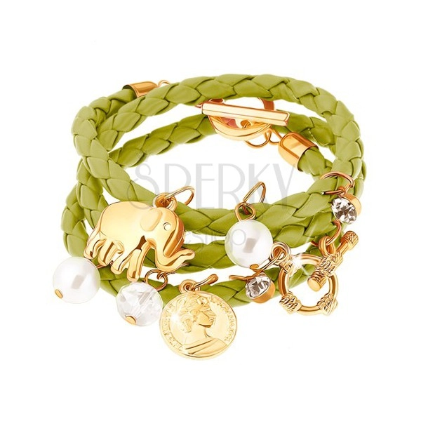 Multináramok - zelený pletenec, sloník, minca, číre a perleťovo biele korálky