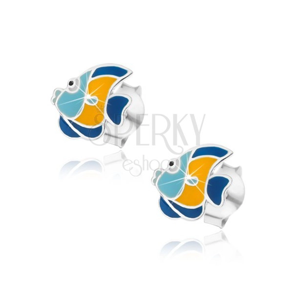 Strieborné 925 náušnice, modro-žltá rybka, lesklá glazúra