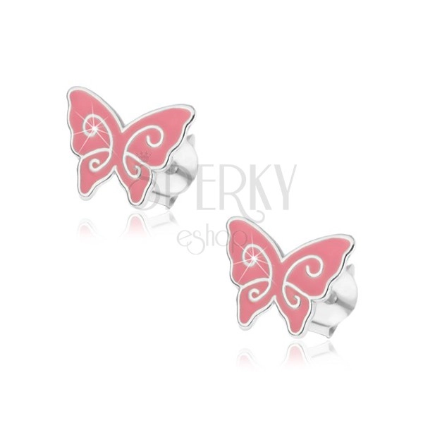 Strieborné náušnice 925, plochý ružový motýlik, lesklé špirály, puzetky