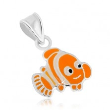 Strieborný prívesok 925, veselá oranžová rybka Nemo, lesklé kontúry