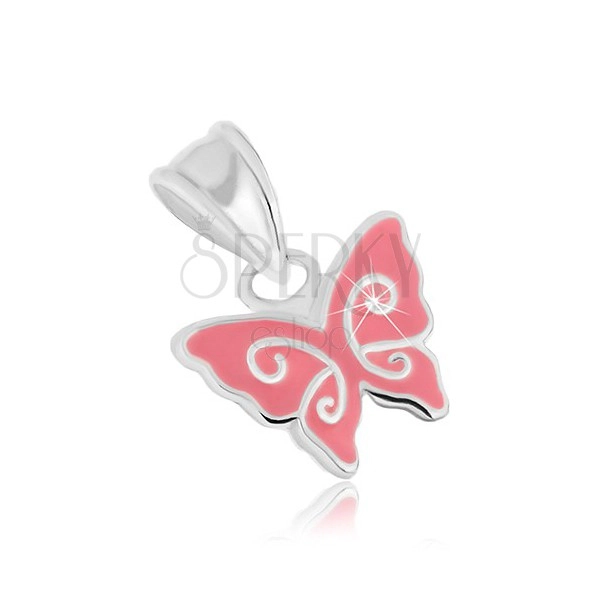 Strieborný prívesok 925, motýlik s ružovou glazúrou a lesklými líniami