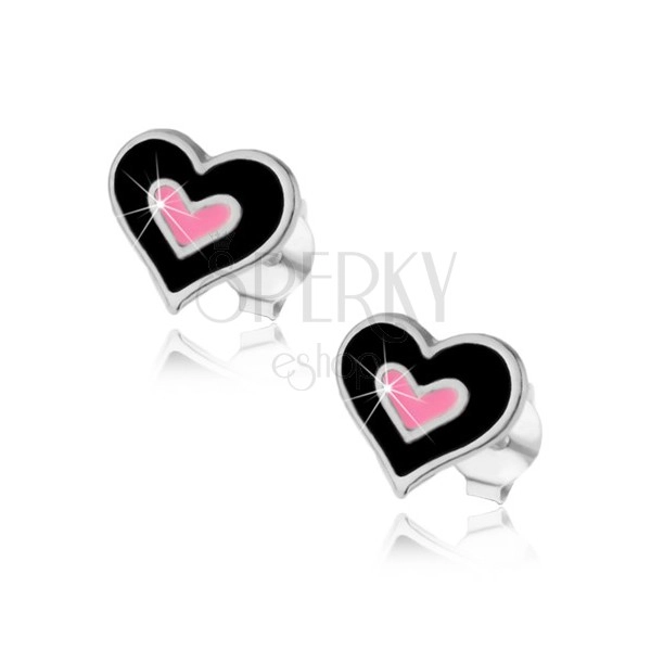 Puzetové náušnice, striebro 925, dvojité srdce s čiernou a ružovou glazúrou