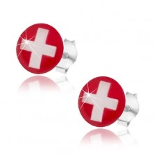 Strieborné náušnice 925, švajčiarska vlajka - červené pozadie, biely kríž