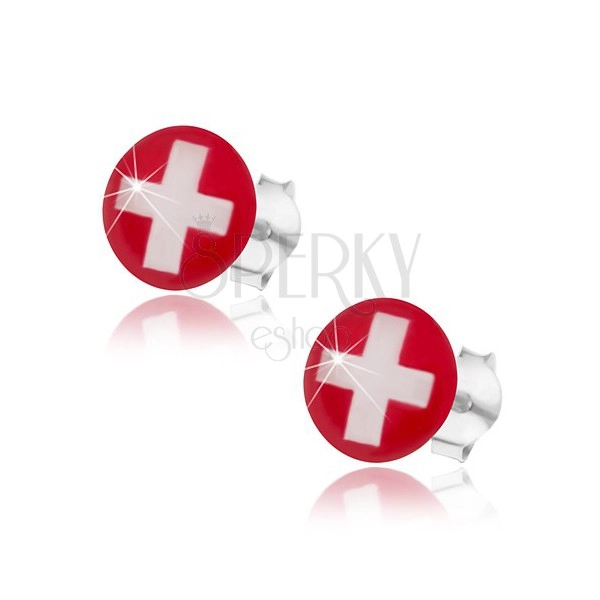 Strieborné náušnice 925, švajčiarska vlajka - červené pozadie, biely kríž