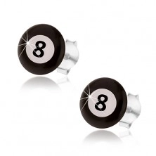 Náušnice, striebro 925, magická biliardová guľa - čierna a biela farba, číslo 8