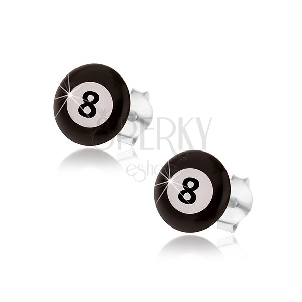 Náušnice, striebro 925, magická biliardová guľa - čierna a biela farba, číslo 8