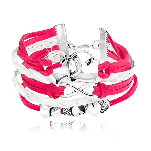 E-shop Šperky Eshop - Šnúrkový náramok, cyklámenová a biela farba, srdiečka, symbol INFINITY X8.11
