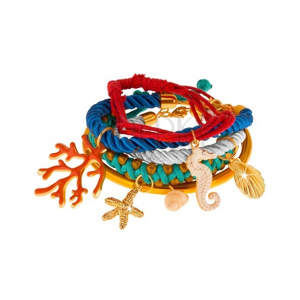 Multináramok, farebné šnúrky a obruč, prívesky - korál, mušle, morský koník