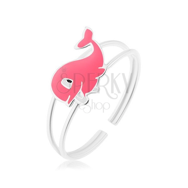 Prsteň zo striebra 925, rozdvojené ramená, veselá ružová veľryba s glazúrou