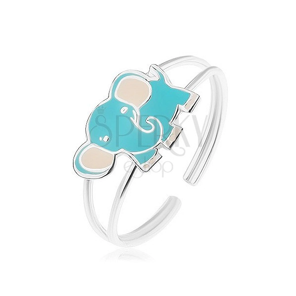 Strieborný prsteň 925, malý roztomilý sloník, modrá a biela glazúra