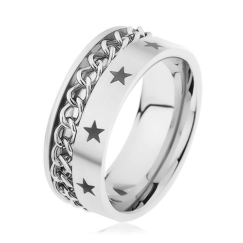Oceľový prsteň striebornej farby zdobený retiazkou a hviezdičkami - Veľkosť: 59 mm