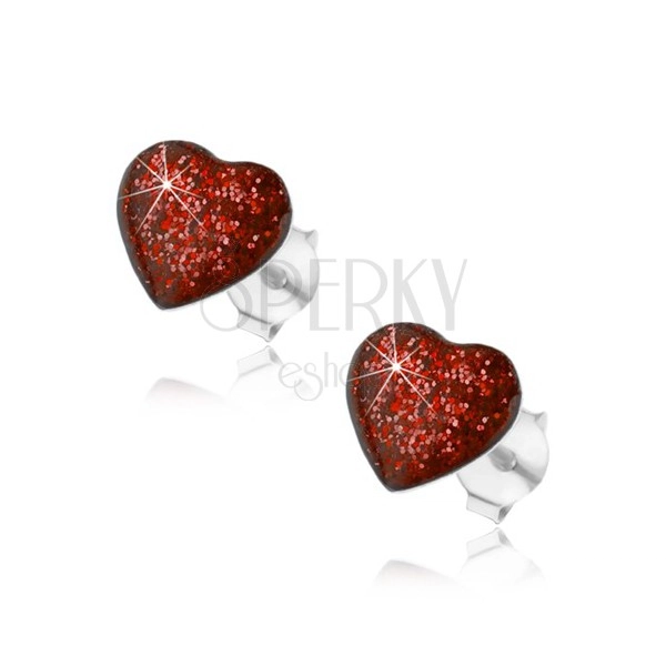 Strieborné náušnice 925, srdce zdobené červenou glazúrou s glitrami, puzetky