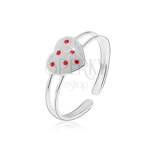 Strieborný prsteň 925, rozdvojené ramená, biele srdiečko s červenými bodkami