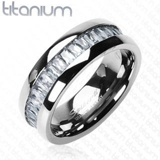 Titánový prsteň so vsadenými, obdĺžnikovými zirkónmi - Veľkosť: 59 mm