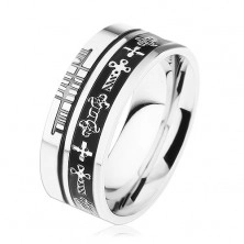 Oceľový prsteň striebornej farby, čierne prúžky, keltské symboly