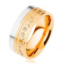 Oceľový prsteň, dvojfarebný - strieborný a zlatý odtieň, ornamenty, 8 mm