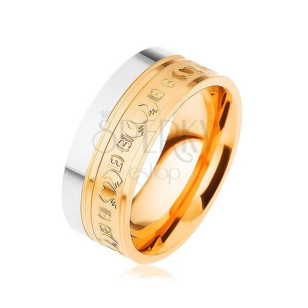 Oceľový prsteň, dvojfarebný - strieborný a zlatý odtieň, ornamenty, 8 mm