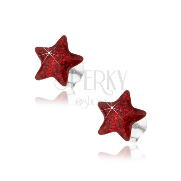 Strieborné náušnice 925, červená glazúrovaná hviezda s trblietkami, puzetky
