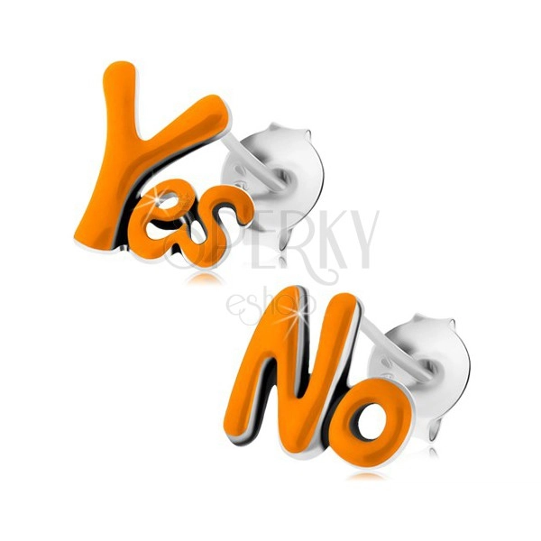 Puzetové náušnice zo striebra 925, slová Yes a No, oranžová glazúra, patina