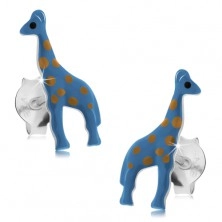 Náušnice zo striebra 925, modrá žirafa so svetlohnedými bodkami, puzetky