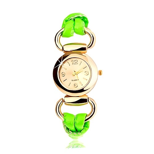 E-shop Šperky Eshop - Analógové hodinky, okrúhly ciferník zlatej farby, latexový zelený remienok X33.14
