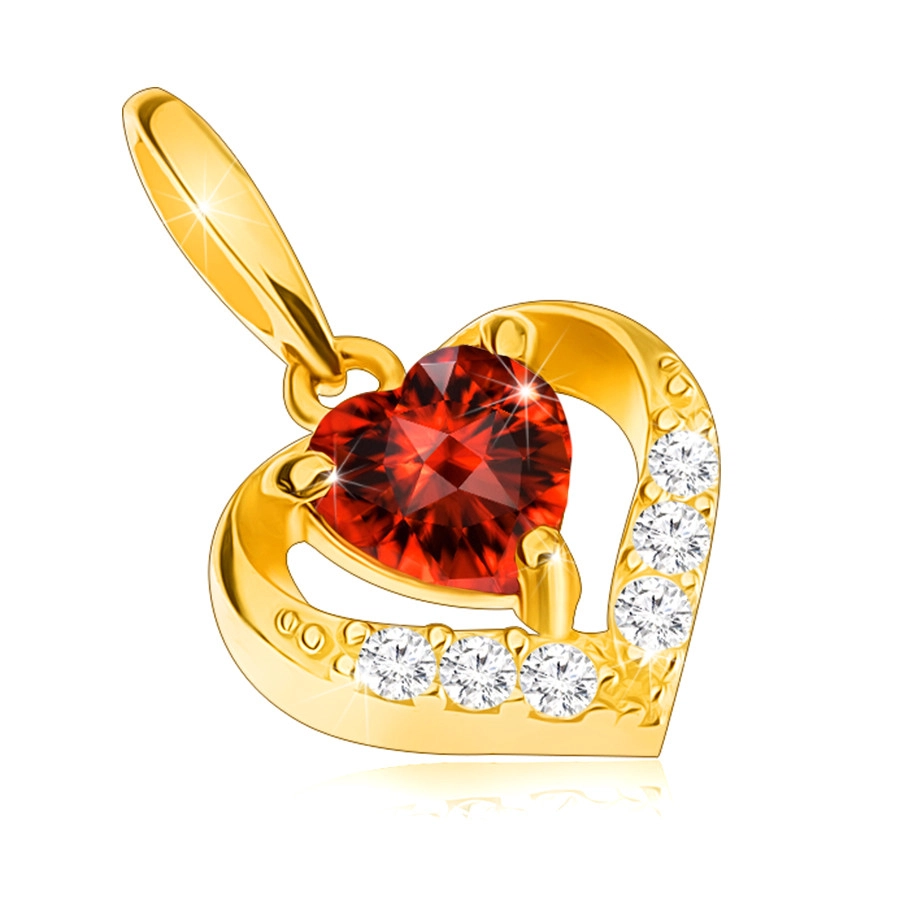 Zlatý prívesok 375 - zirkónový obrys srdca, červený srdiečkový granát