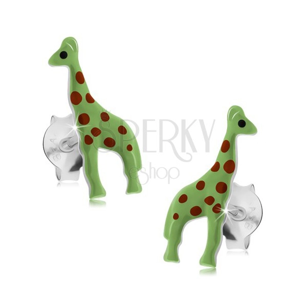 Puzetové náušnice, striebro 925, neónovo zelená žirafka s červenými bodkami