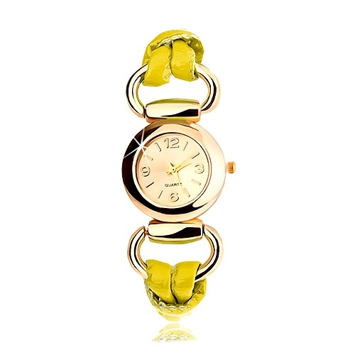 E-shop Šperky Eshop - Náramkové hodinky, remienok zo žltého latexu, okrúhly ciferník zlatej farby X34.5