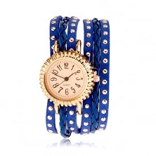 Analógové hodinky, okrúhly ciferník, dlhý úzky remienok modrej farby