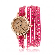 Náramkové hodinky, vrúbkovaný ciferník, ružový remienok - vybíjané prúžky