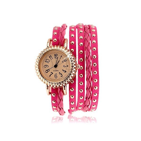 Náramkové hodinky, vrúbkovaný ciferník, ružový remienok - vybíjané prúžky