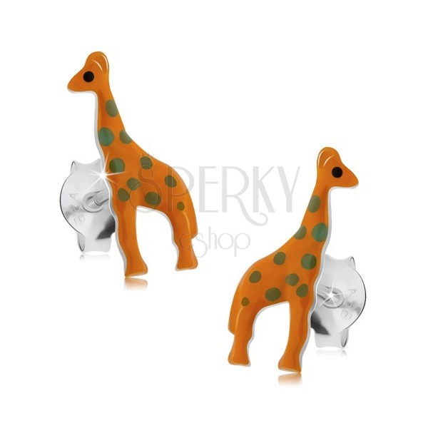 Strieborné 925 náušnice, oranžová žirafa so sivými bodkami, puzetky