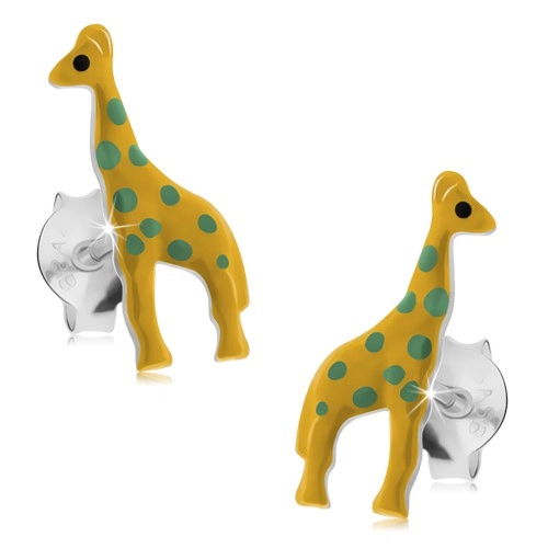 Puzetové náušnice, striebro 925, žltá glazúrovaná žirafa so zelenými bodkami