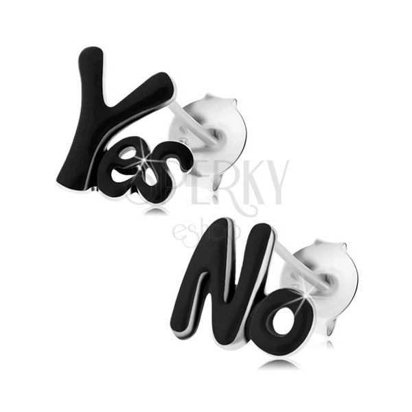 Strieborné 925 náušnice, nápisy Yes a No, lesklá čierna glazúra