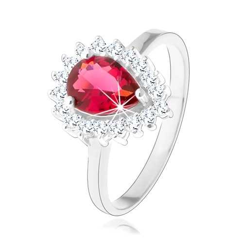 Strieborný 925 prsteň, rubínovo červená zirkónová slza, číry trblietavý lem - Veľkosť: 57 mm