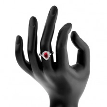 Strieborný 925 prsteň, rubínovo červená zirkónová slza, číry trblietavý lem